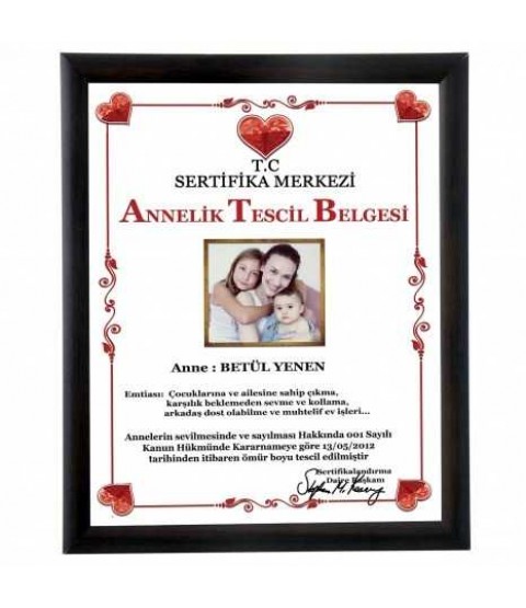 Anneler Gününe Özel Annelik Tescil Belgesi Plaket