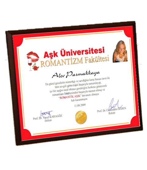 Romantik Aşık Diploması - Ön Yüzü Metal Ahşap Plaket